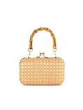 Khaki handbag with bamboo handle and removable gold chain crossbody strap