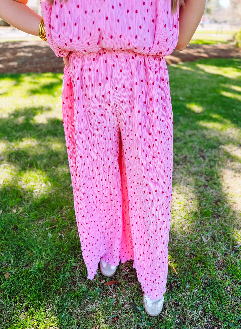 Pleated flowwy polka dot pants in pink