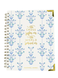 Notebook with floral design and text on a white background