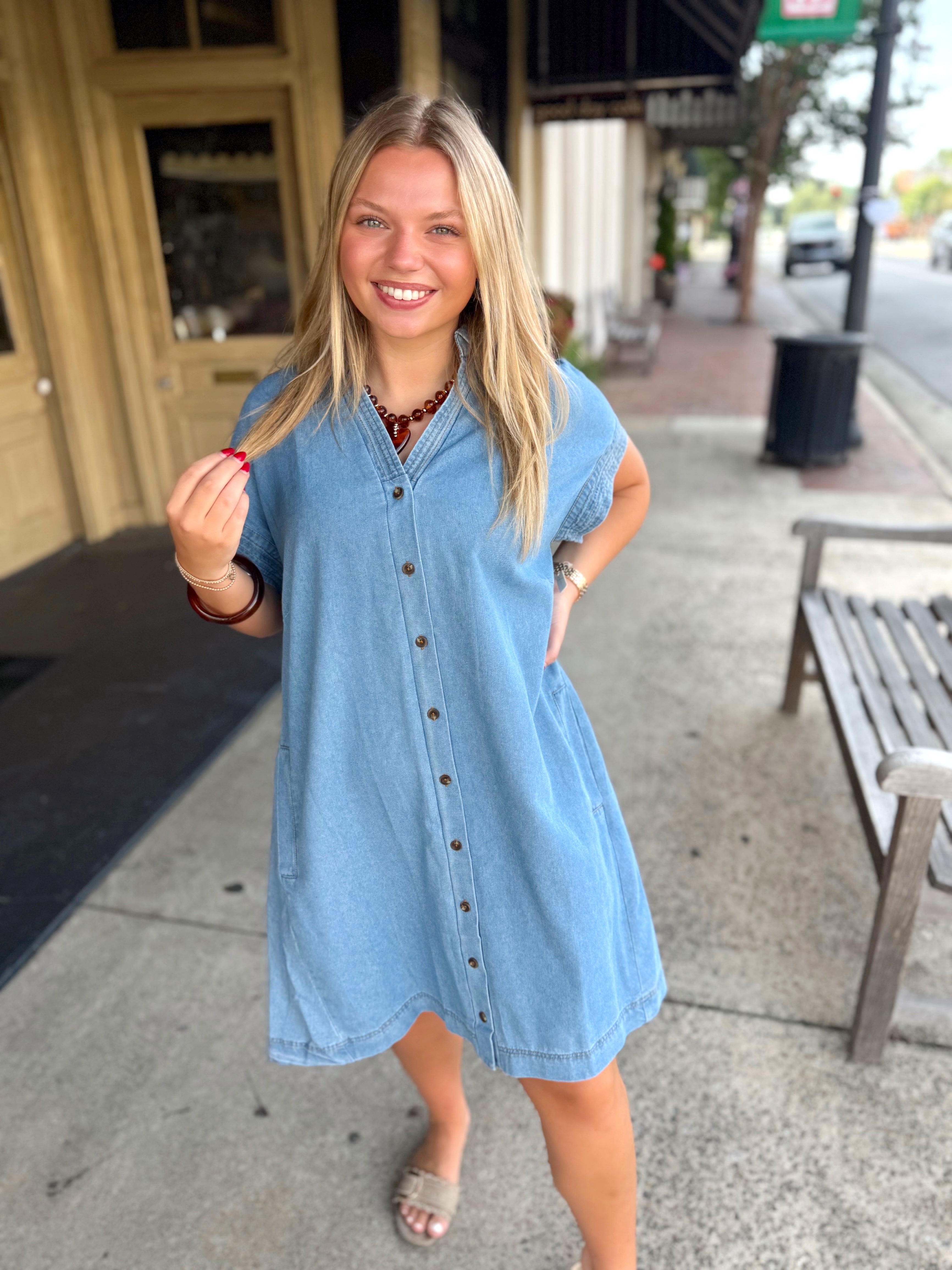 Blue denim button-down shirt dress with pockets