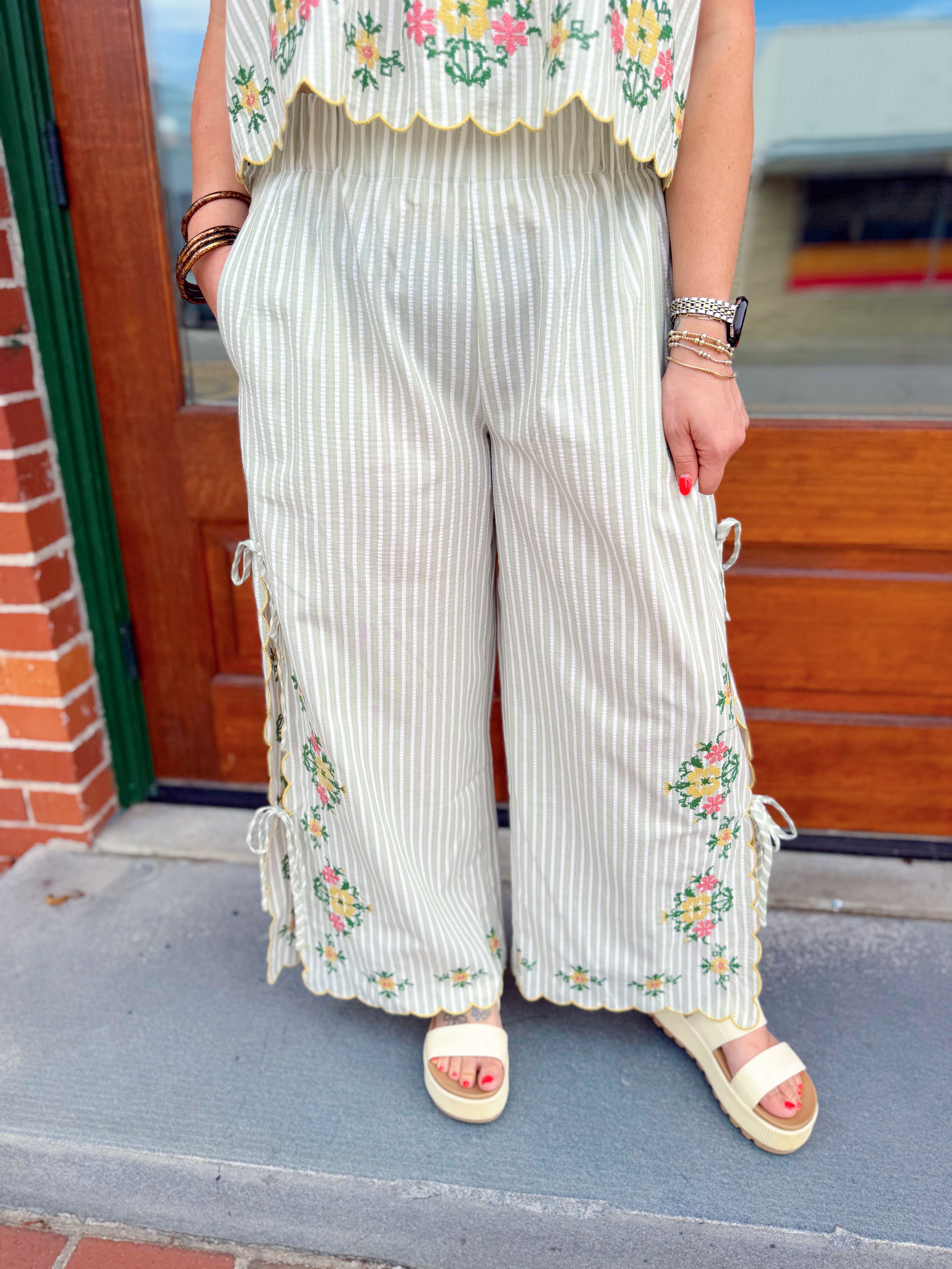 striped pants with floral design 
