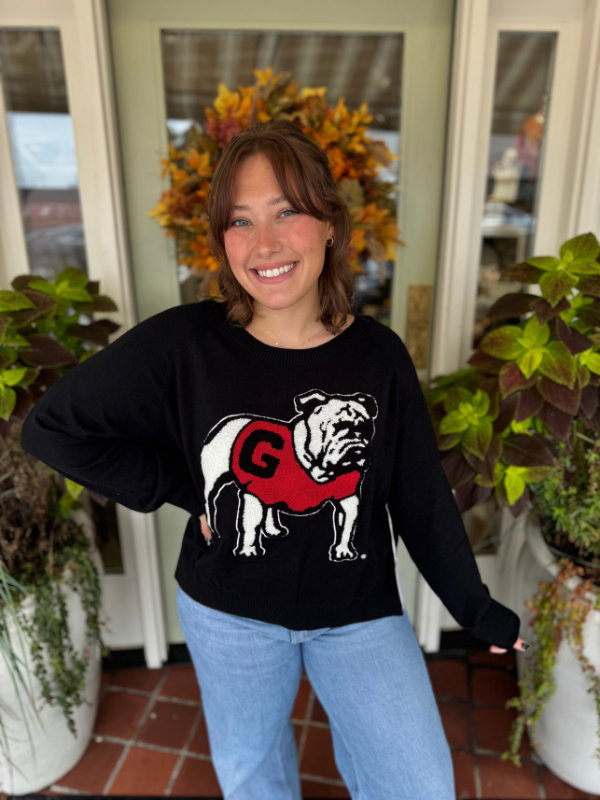 chenille bulldog on a black sweater