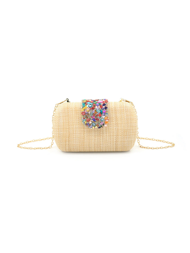 Khaki handbag with colorful embellishments with a removable gold crossbody chain