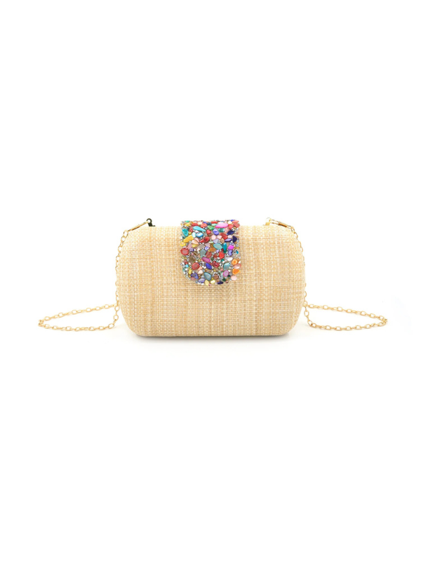 Khaki handbag with colorful embellishments with a removable gold crossbody chain