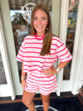 Pink round neck striped boxy cropped top
