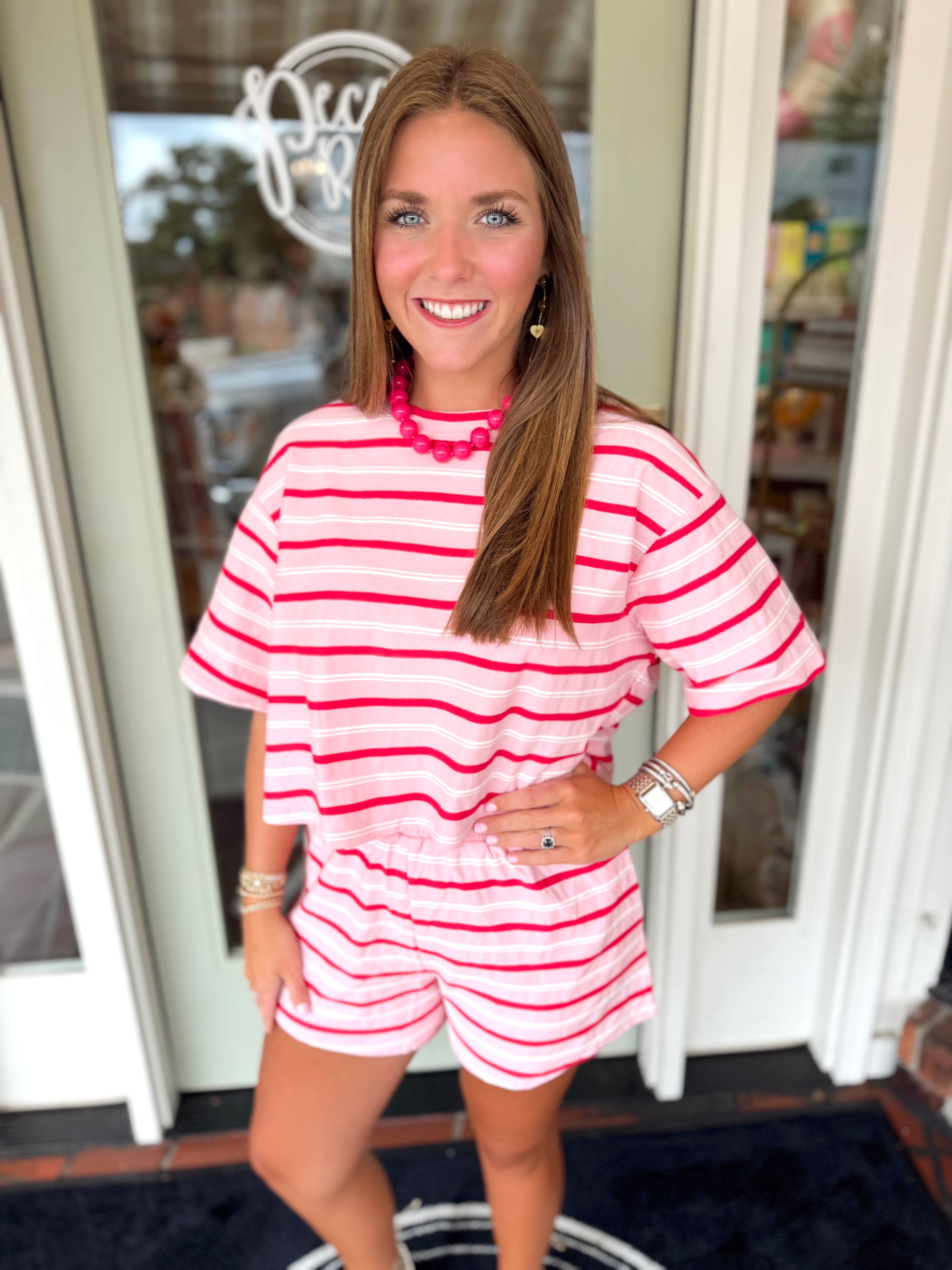 Pink round neck striped boxy cropped top