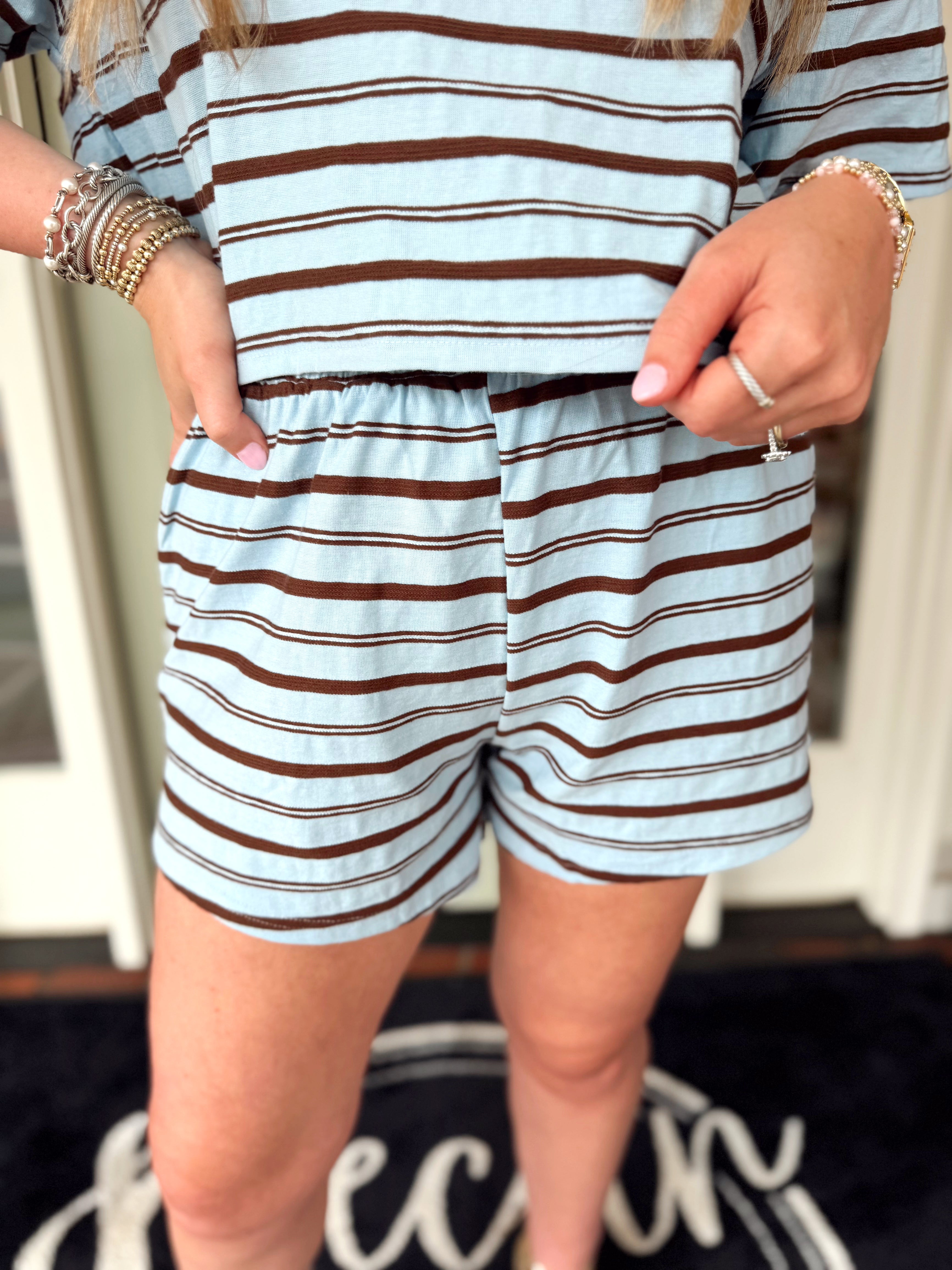 Blue and mocha striped shorts with and elastic waistband