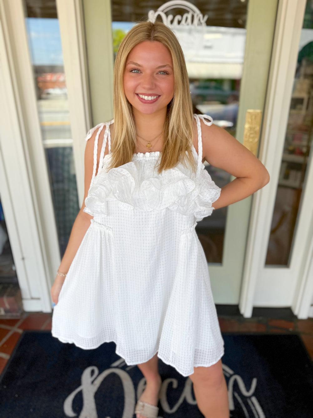 White ruffle mini dress with tie straps 
