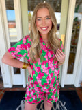 Green and pink satin floral pajama set 