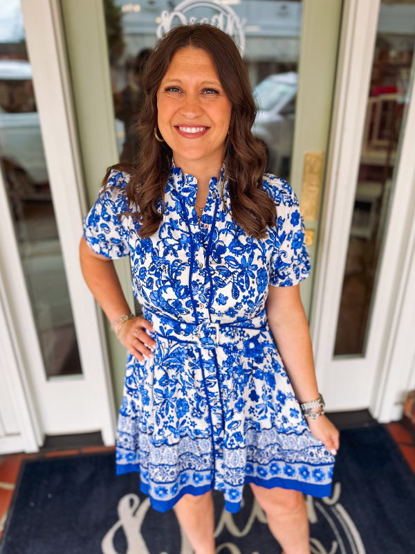 blue floral printed dress with belt 