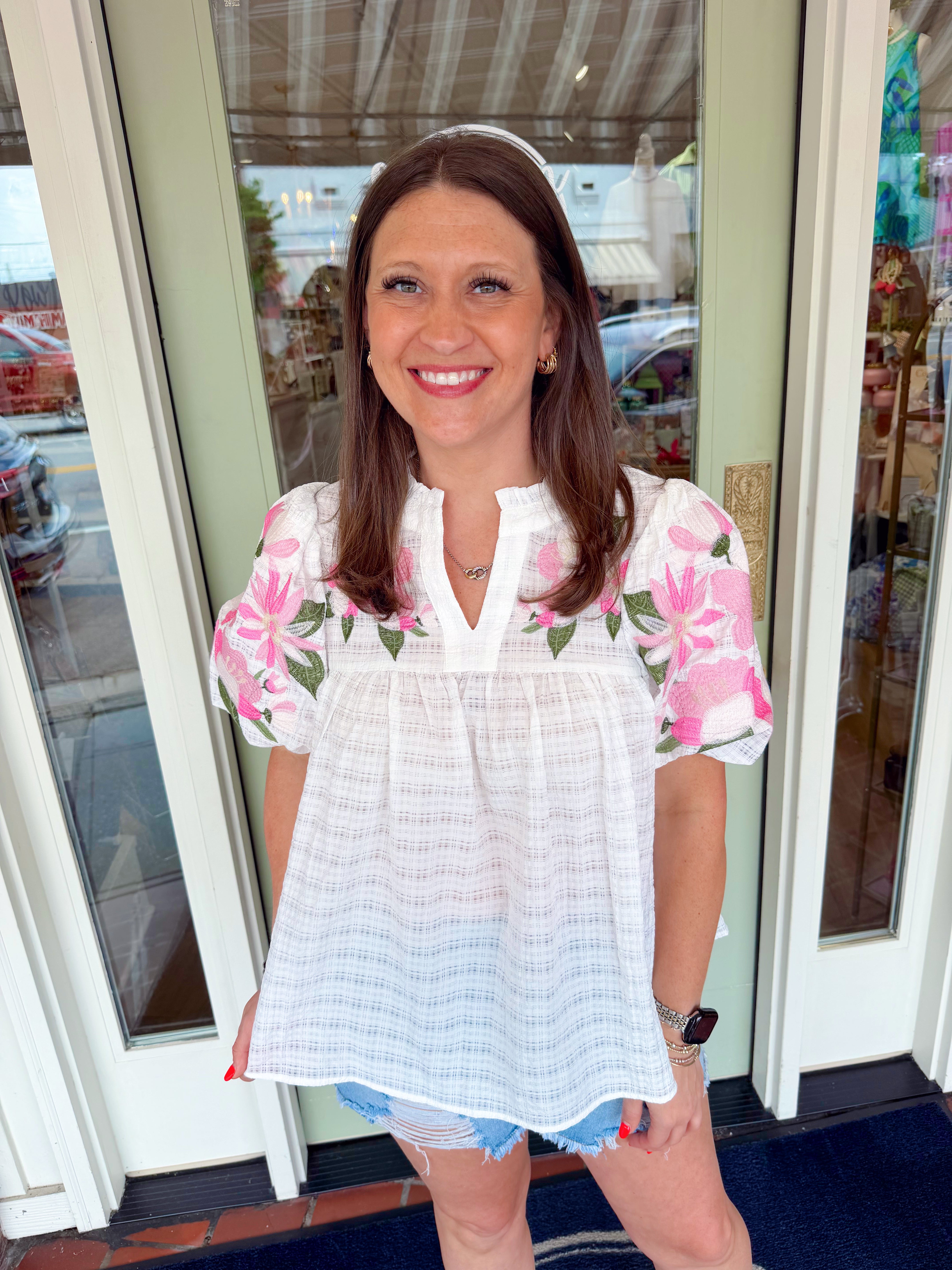 pink floral smocked top puff sleeve
