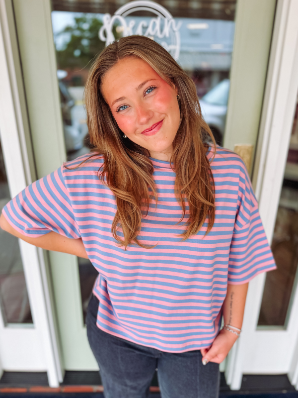 pink and blue striped shirt 