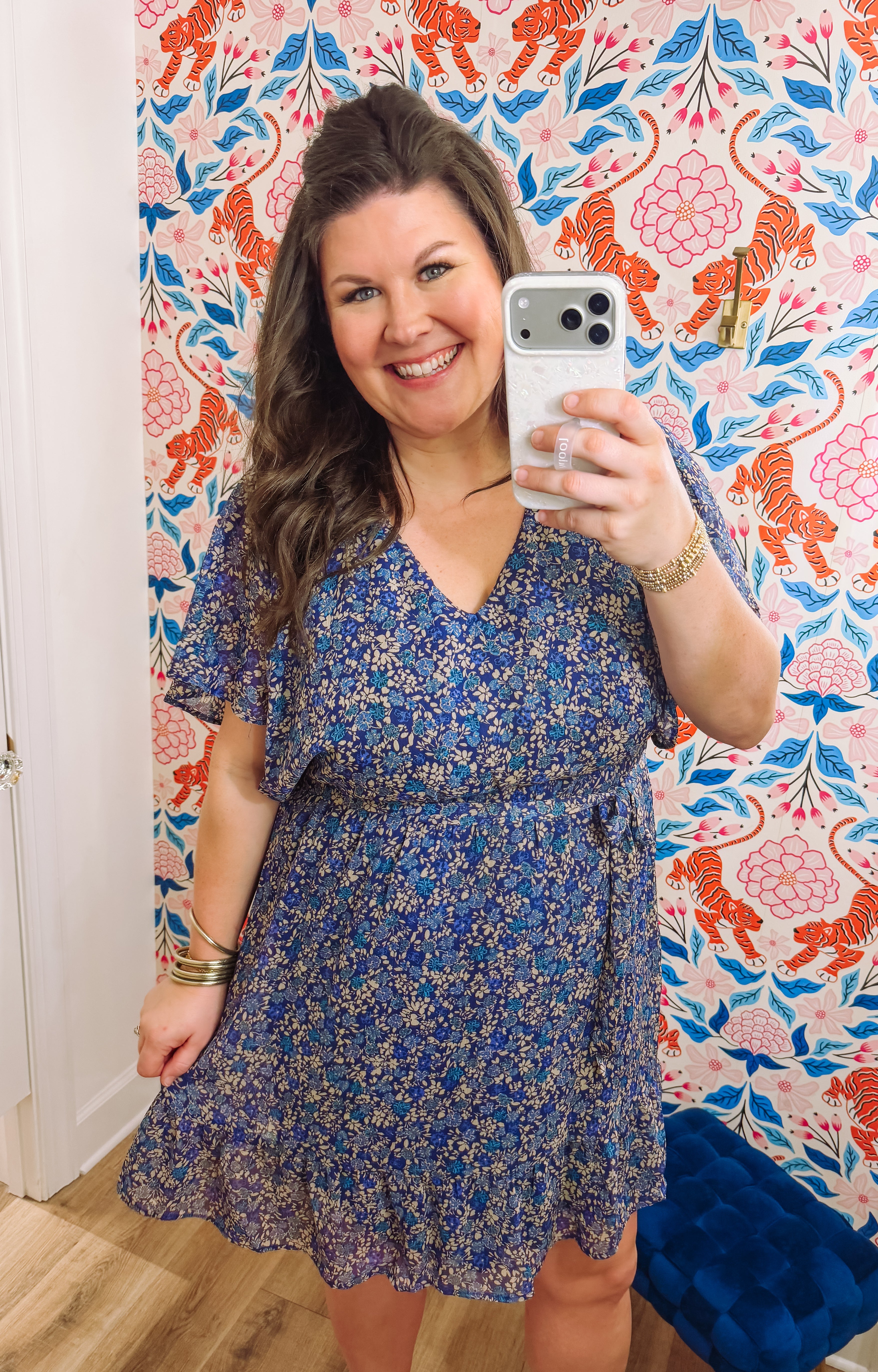 Blue floral v-neck soft ruffle dress