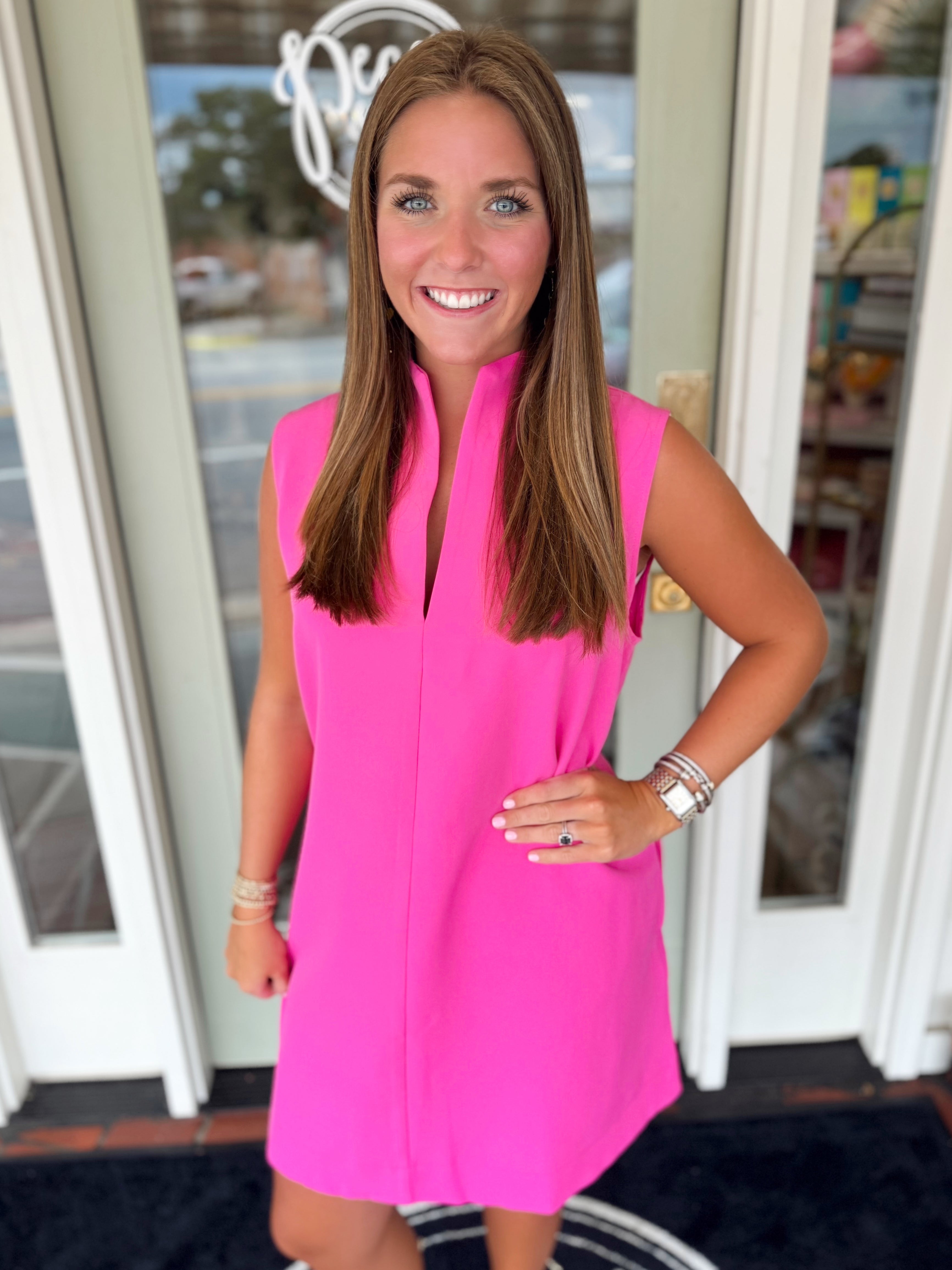 Hot pink mini dress with sleek stand collar 