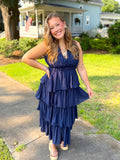 Navy blue v-neck tiered ruffle maxi dress 