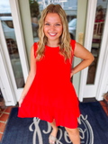 red ruffle dress with pockets