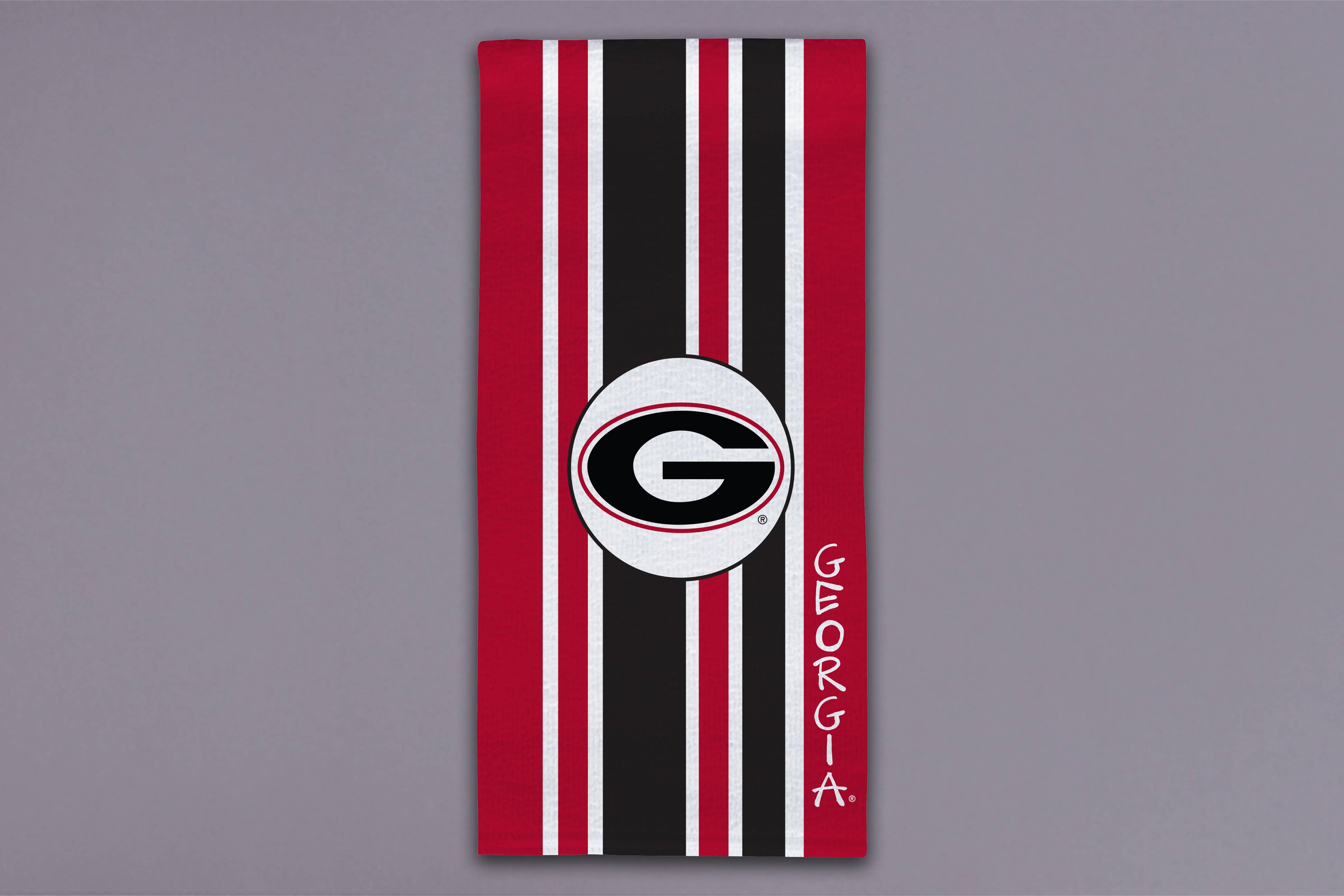 Towel with red, black, and white stripes featuring a logo and 'Georgia' text 
