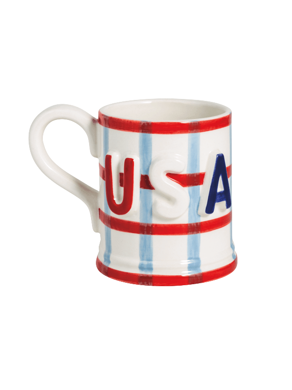 USA Patriotic striped plaid red white blue mug by mudpie 