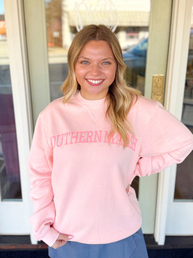 Light pink varsity vintage crew sweatshirt camellia color by southern marsh comfy loungewear