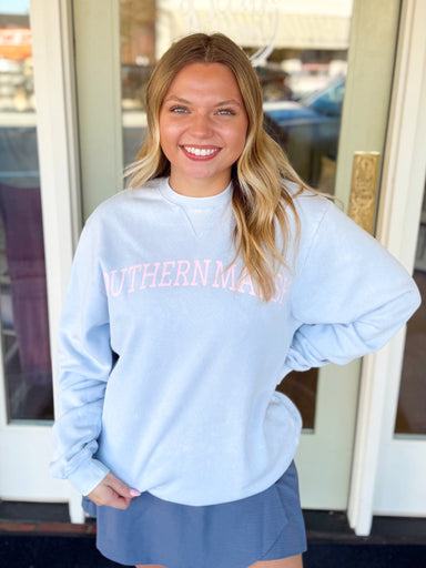 Light blue vintage varsity crewneck sweatshirt by southern marsh comfy loungewear 