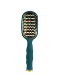 A paddle hairbrush with a textured teal handle and a metallic gold and teal bristle head