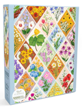 Vintage Blooms 1000-piece puzzle by 1canoe2 featuring colorful hand-painted floral designs in a patchwork pattern, shown assembled and in box.