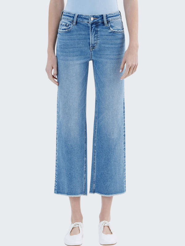 High Rise Raw Hem Crop Slim Wide Leg Jeans