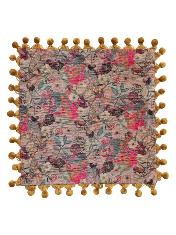 Colorful Velvet Printed Pillow with Pom Poms