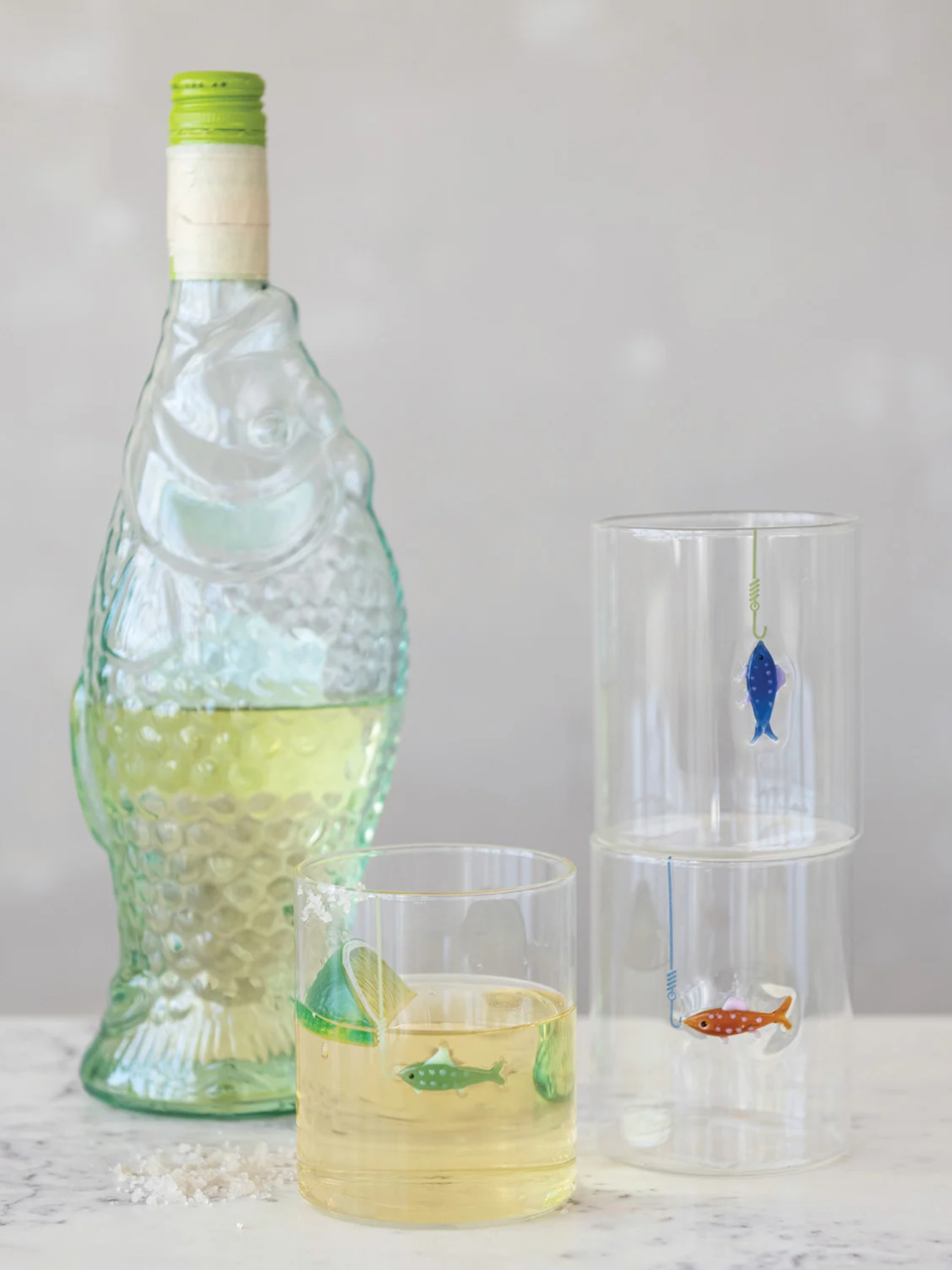12 oz. Hand-Blown Drinking Glass with Fish On Hook- 3 Styles