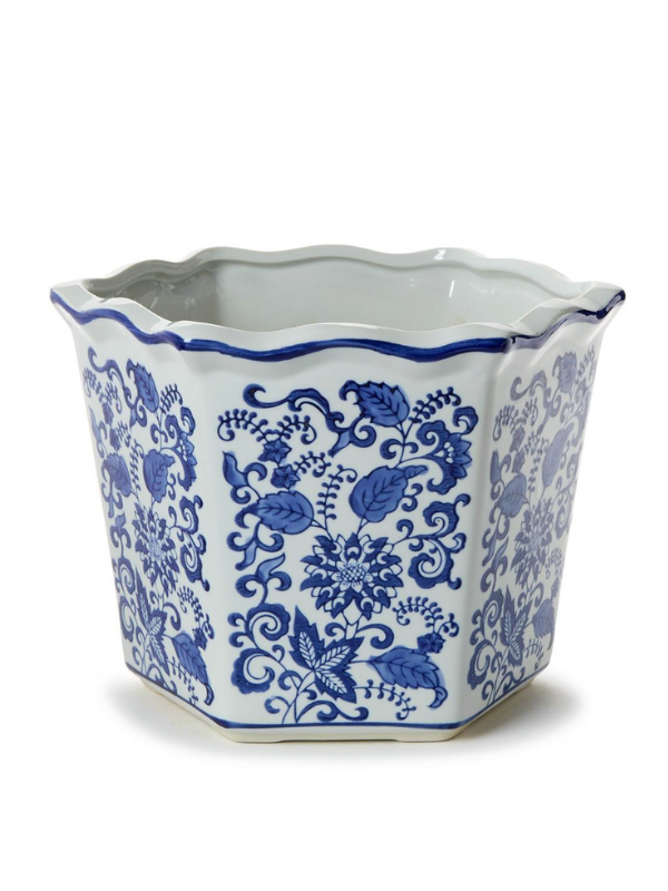 Hand-Painted Chinoiserie Blue and White Floral Hexagon Shape Planters (3 sizes)