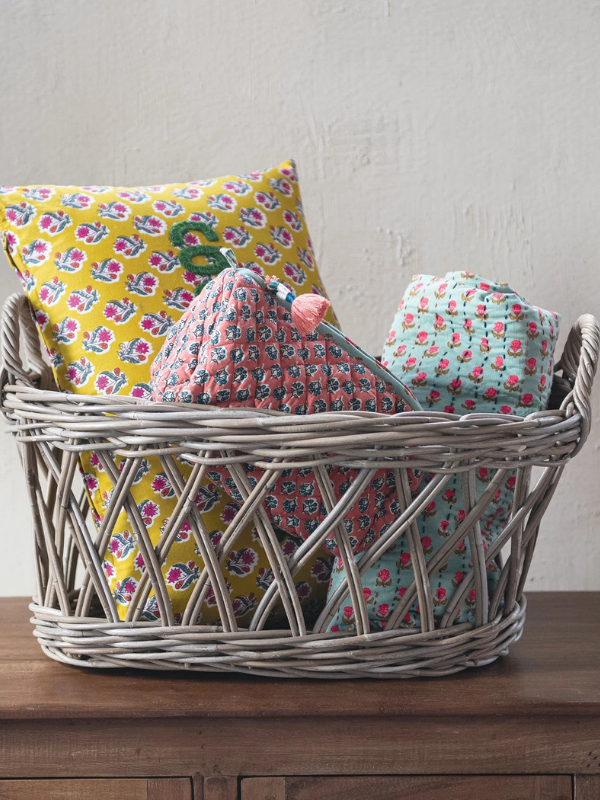 Grey Washed Hand-Woven Rattan Basket with Handles