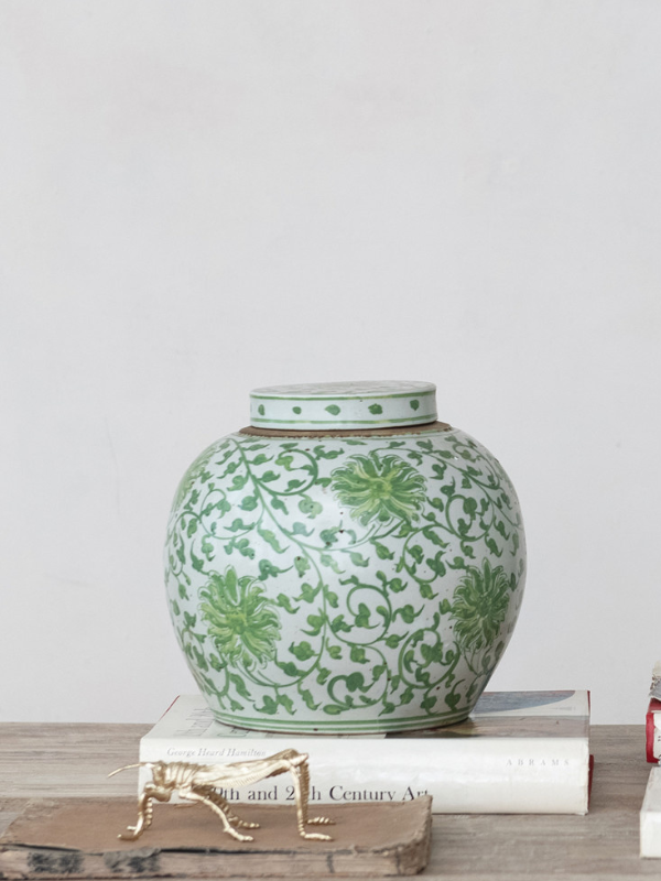 Stoneware Ginger Jar With Floral Pattern