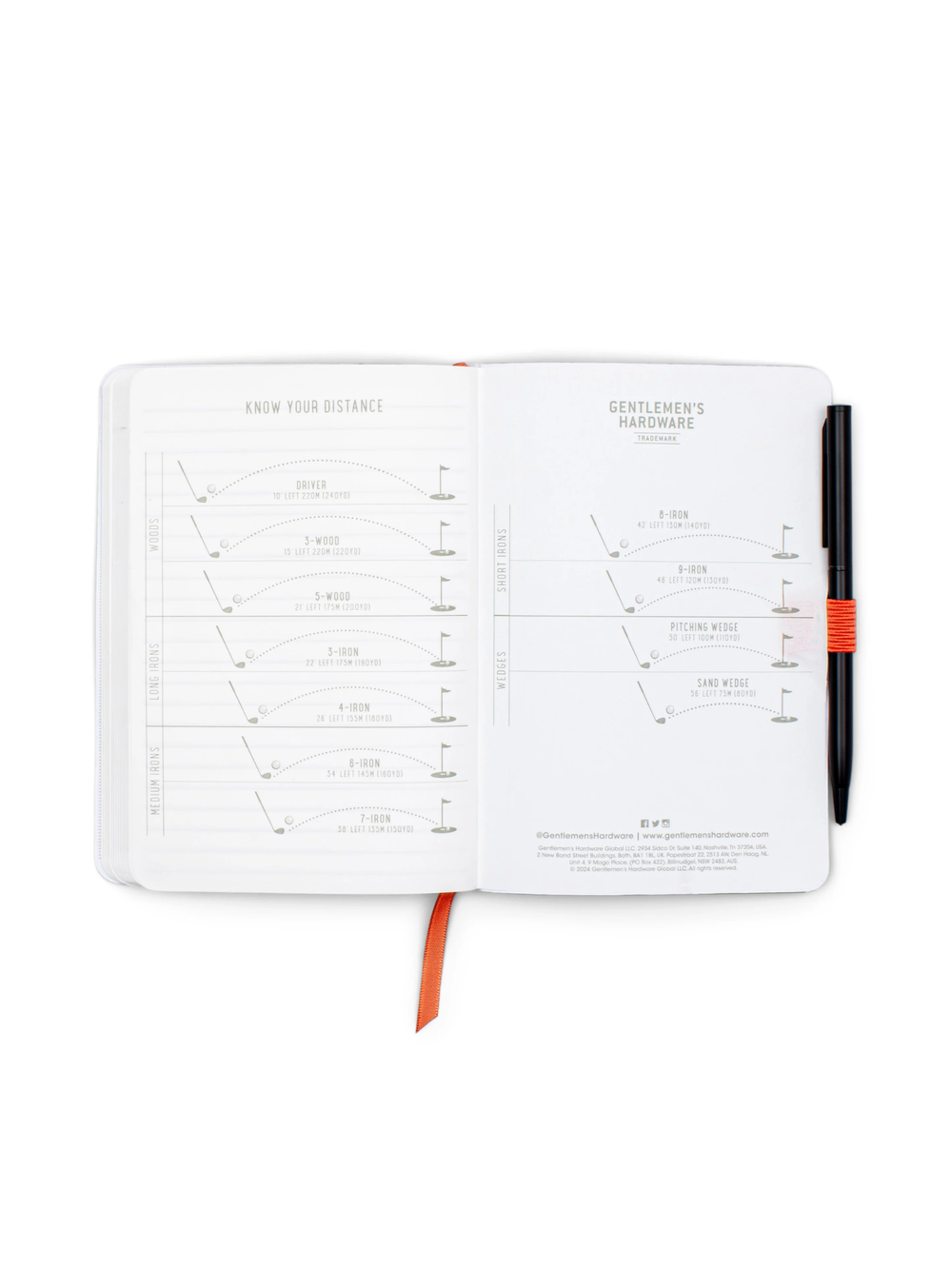 open golf notebook with distances 