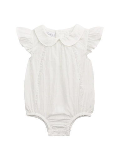 white baby romper with peter pan sleeves detailing