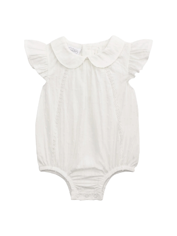 white baby romper with peter pan sleeves detailing