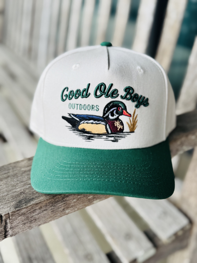 wood duck green and tan hat 