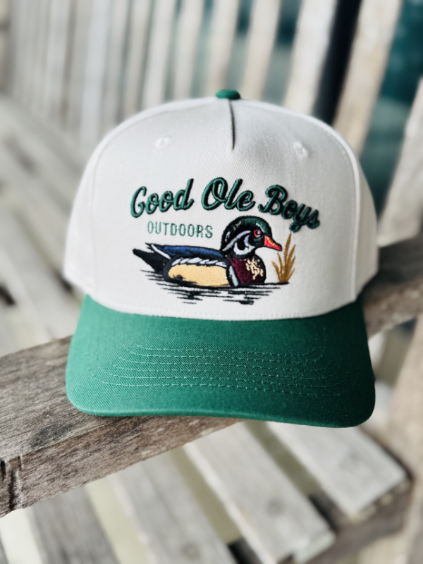wood duck green and tan hat 
