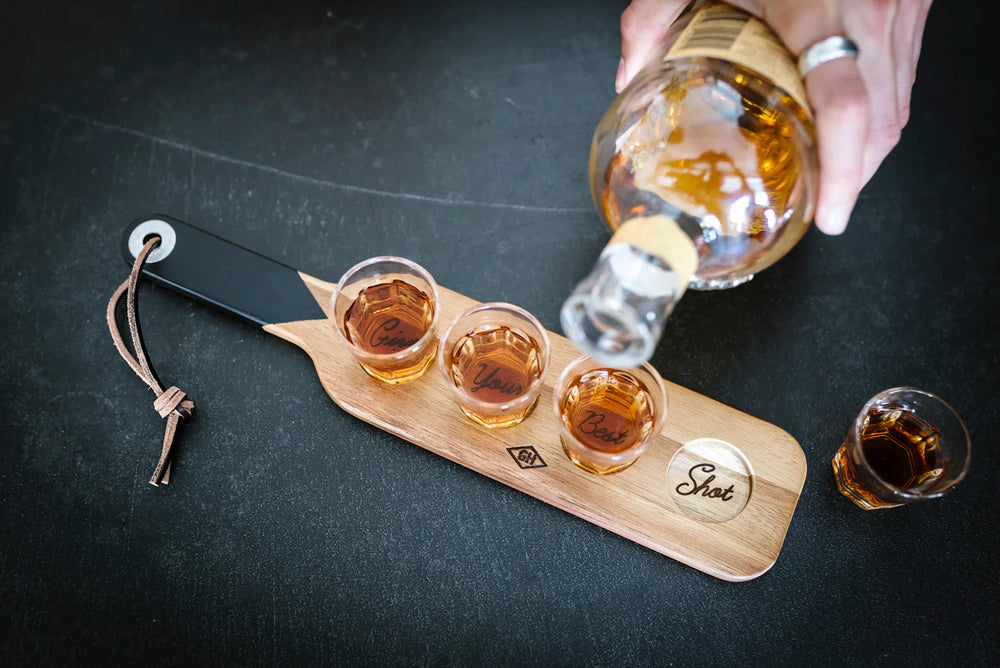 Wooden Serving Paddle & Shot Glasses