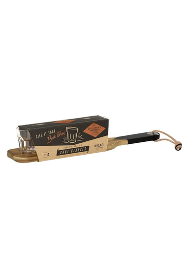 Wooden Serving Paddle & Shot Glasses