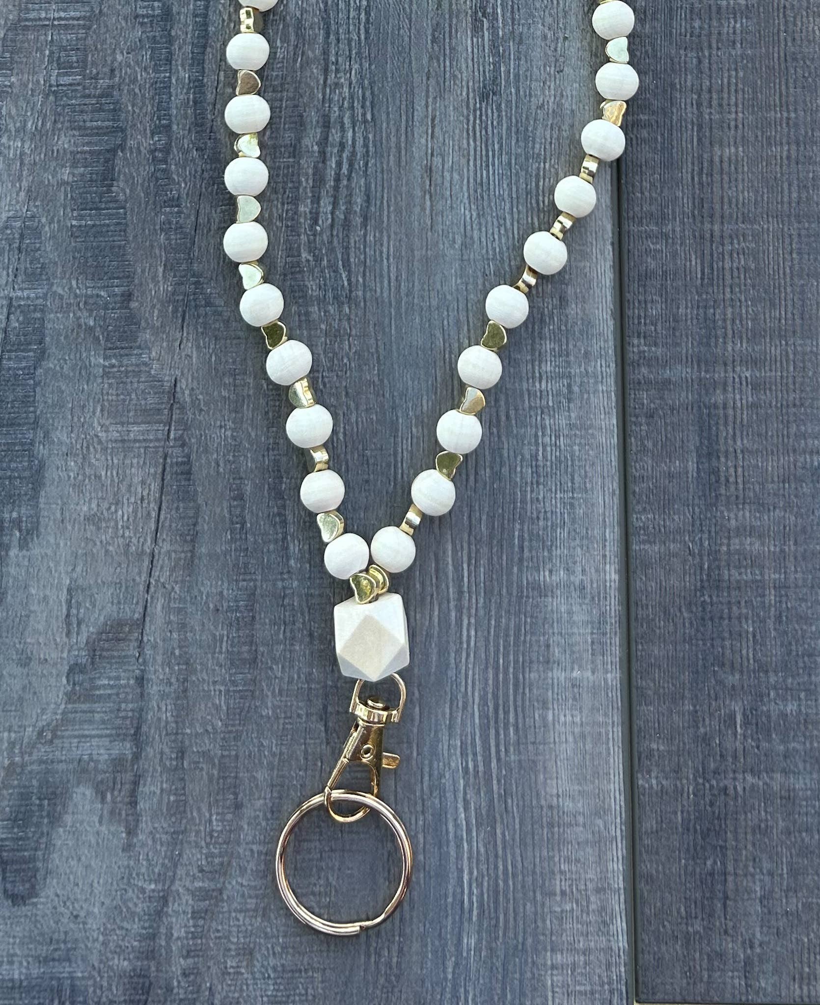 Gold Heart Beaded Lanyard with Breakaway Clasp