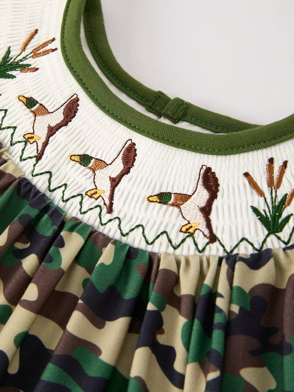 Camouflage Duck Smocking Embroidery Girls Dress