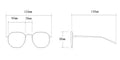 Technical drawing of sunglasses with dimensions labeled