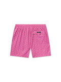 Pink swim shorts with surfboard and palm tree pattern 