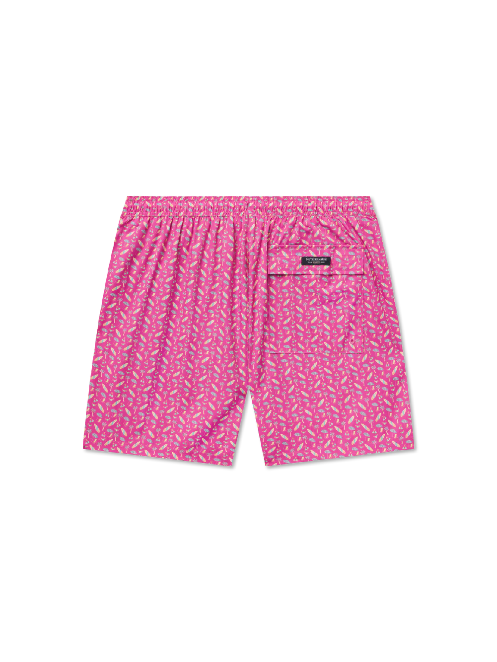 Pink swim shorts with surfboard and palm tree pattern 