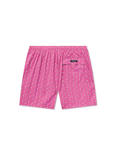 Pink swim shorts with surfboard and palm tree pattern 