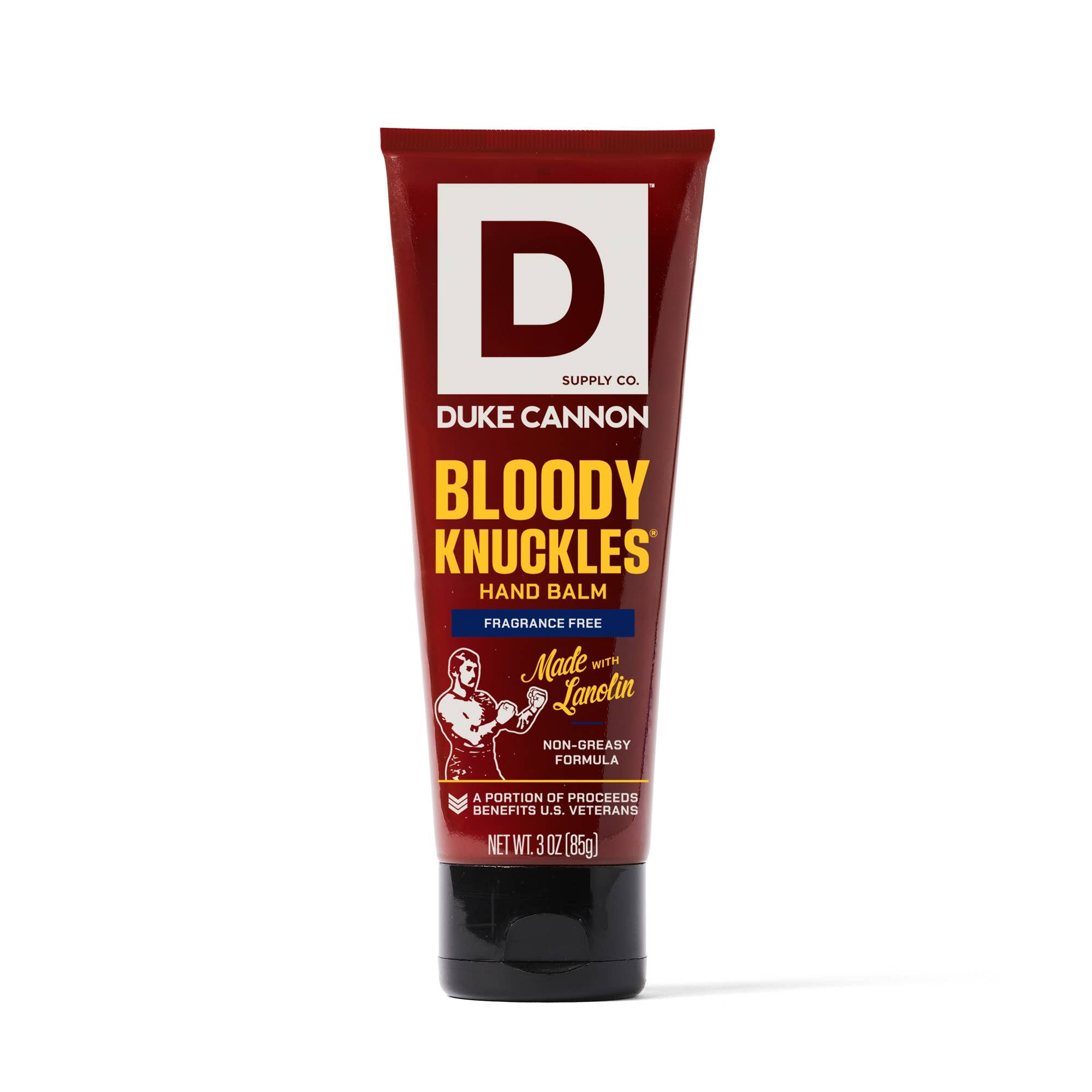 Tube of Duke Cannon Bloody Knuckles hand balm on a white background
