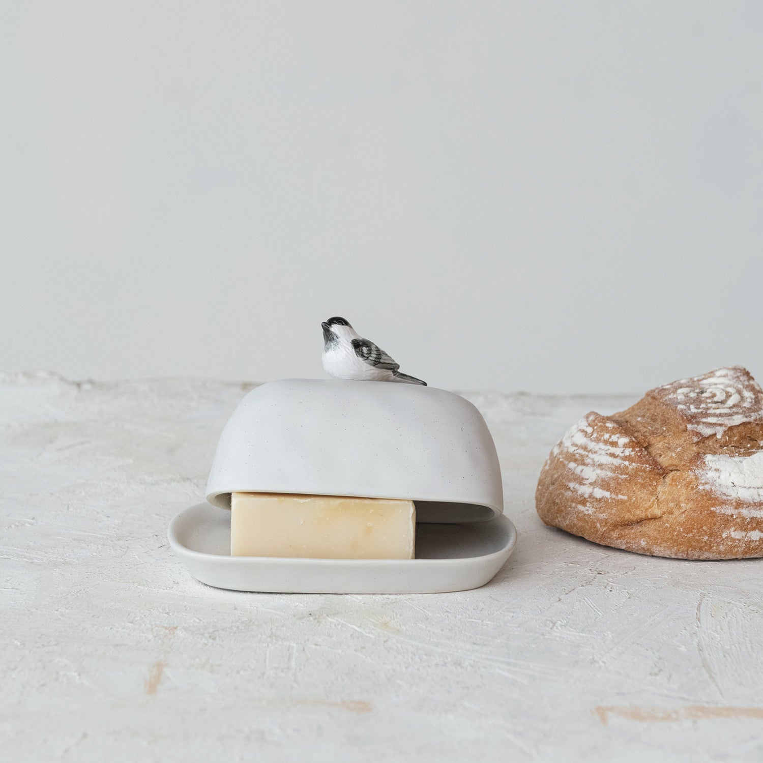 Stoneware Butter Dish With Perched Bird
