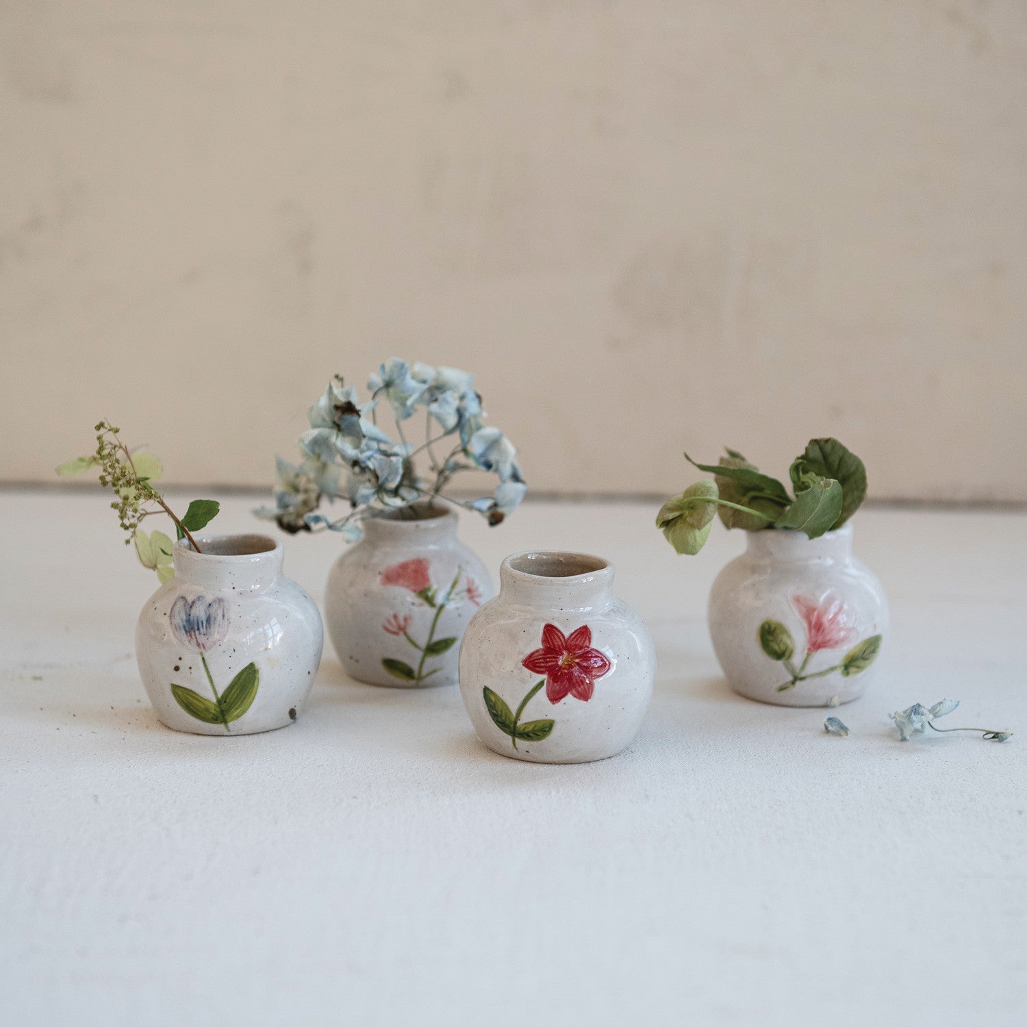 Hand-Painted Stoneware Vase with Flowers