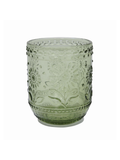 Set of four vintage-style green drinking glasses with embossed floral patterns, beaded detailing, and a soft translucent green finish.