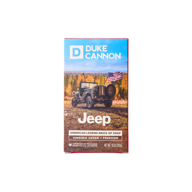 Soap package with a Jeep graphic and Duke Cannon branding